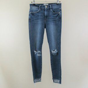 FRAME High Rise Skinny Ankle Knee Tear Step Hem